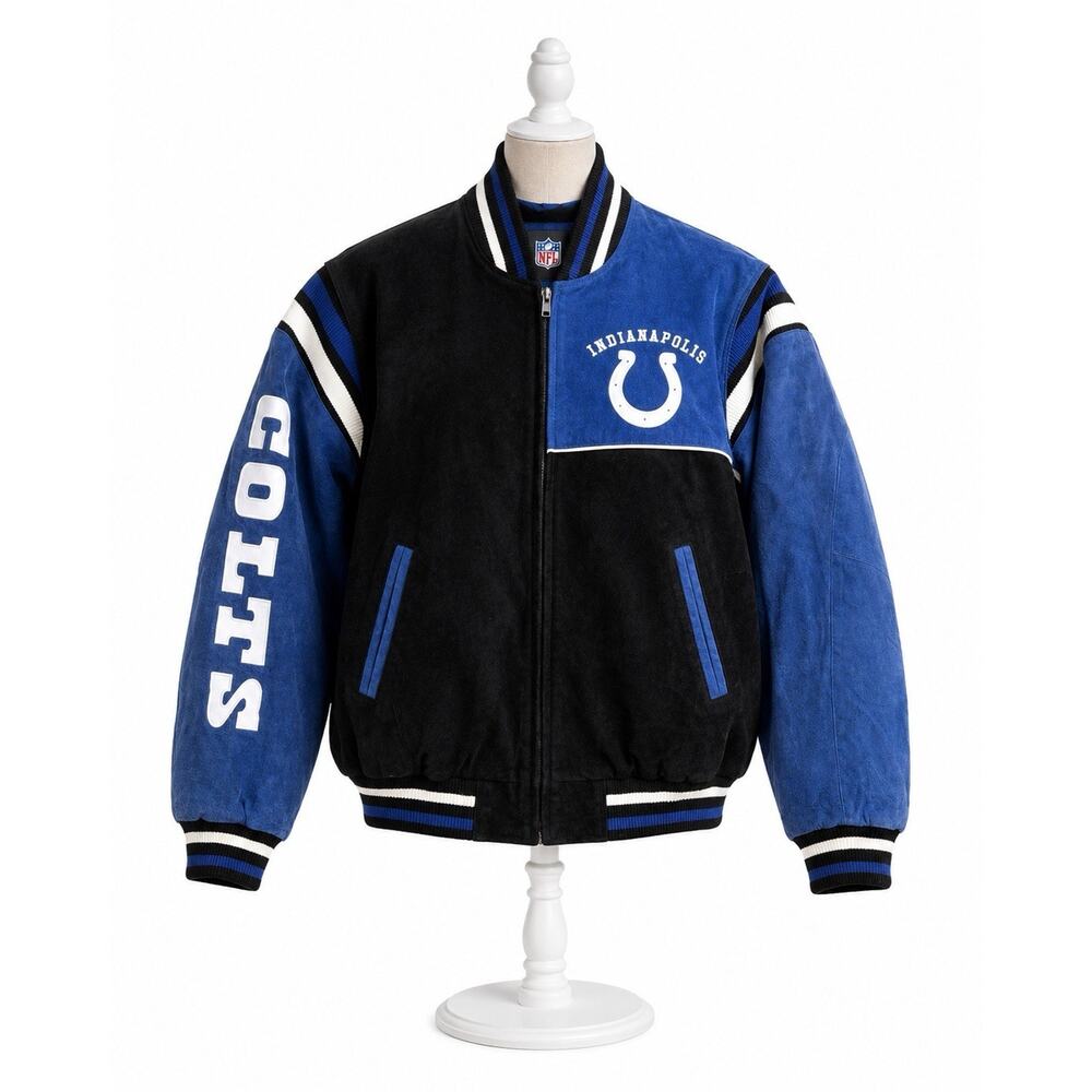 Vintage NFL Indianapolis Colts Black Blue Suede Leather Varsity Jacket Men’s LG